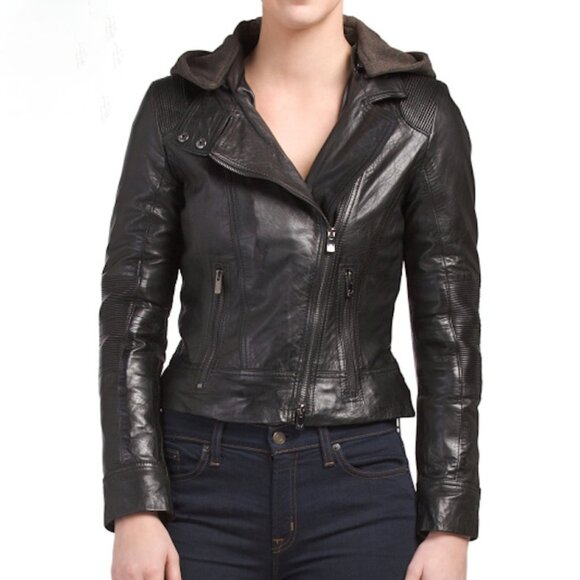Bod & Christensen Hooded Black Leather Bomber Moto Jacket